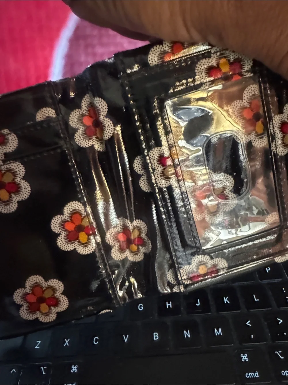 Vera Bradley Black Floral Plaid Wristlet with Red and Orange Accents